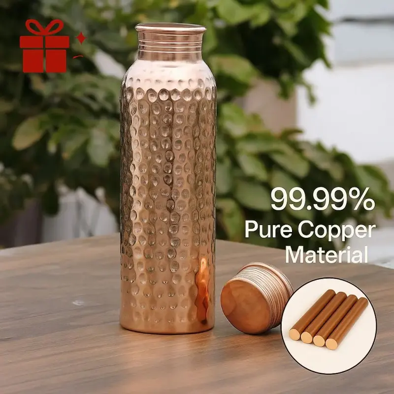 Handmade Copper Water Bottle - 34oz/1000ml - Ayurvedic Pure Copper Vessel for Heavy Duty & Leak-Proof Drinking - Disposable, Portable, Washable