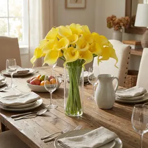 Lifelike Real Touch Calla Flower Artificial Flowers with Glass Vase & Faux Water – 24 Deluxe Latex Stems for Wedding Centerpieces, Home or Office Table Decor – Sunny Yellow low maintenance