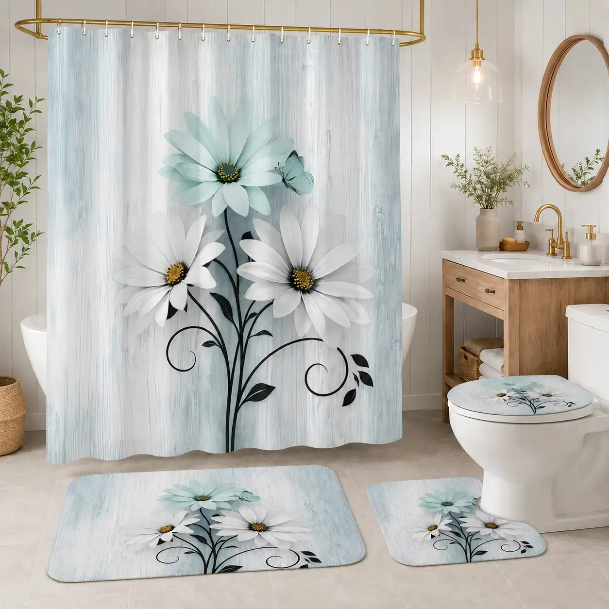 Cyan 4-Piece Country Farmhouse Shower Curtain Set with Shower Curtain, Mat, and Accessories; Waterproof Decorative Bathroom Shower Curtain Set with 12 Hooks, 72 x 72 in