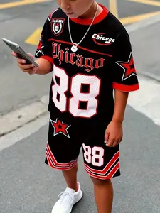 Boys' Summer Casual Athletic Set, Fitted Short Sleeve Top & Shorts, All-Over Print Design, Breathable Quick-Dry Fabric, Perfect for Outdoor Activities