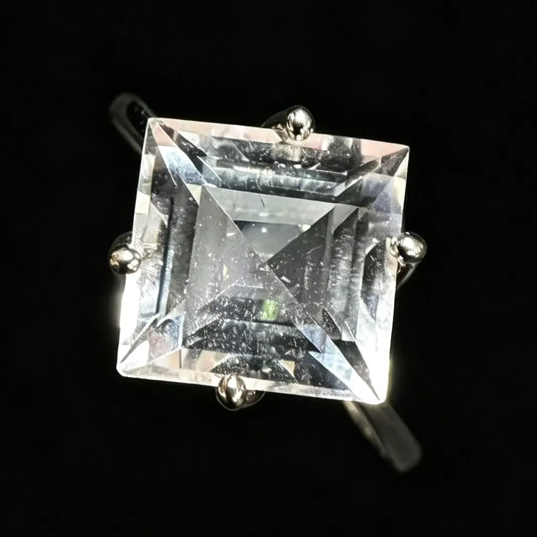 925 Sterling Silver Natural Clear Quartz Adjustable Ring (10mm Square)