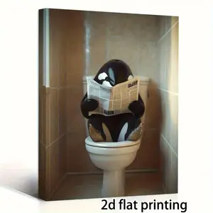 1 Piece Orca Whale Reading Newspaper Decorative Painting - Humorous Bathroom Toilet Scene with Wooden Frame, Modern Country Style Canvas Painting, 7x 15x8inch Ready-to-Hang Ocean Wall Art, Suitable for Home Office Decoration, 2D Graphic Design, Perfect Ro