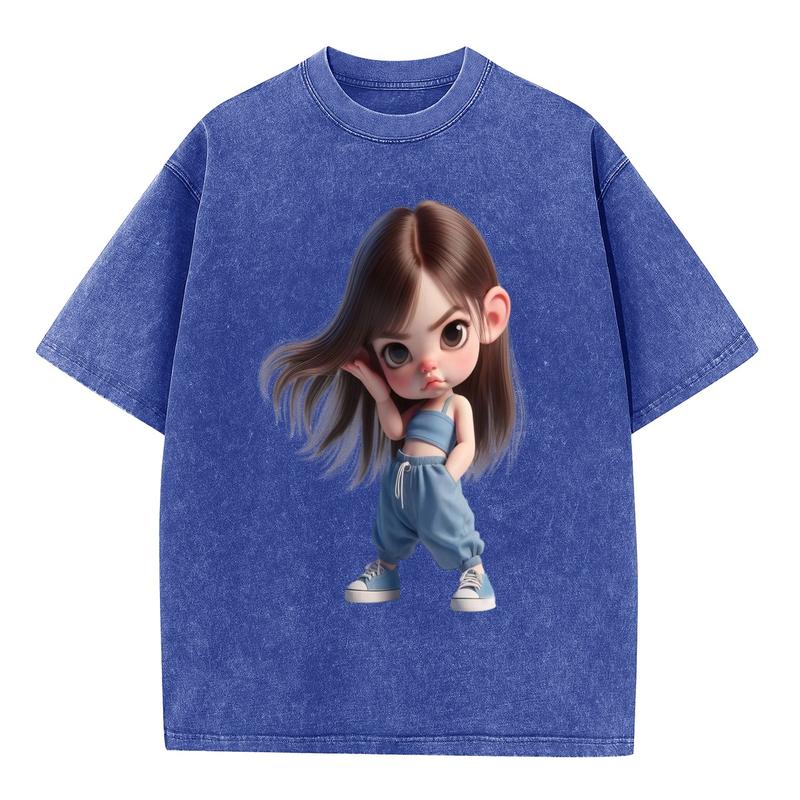 Women's Plus Size Combed Cotton Acid Wash T-Shirt - Casual Oversized Short Sleeve Crew Neck Graphic Vintage Streetwear Top for Curvy Girls