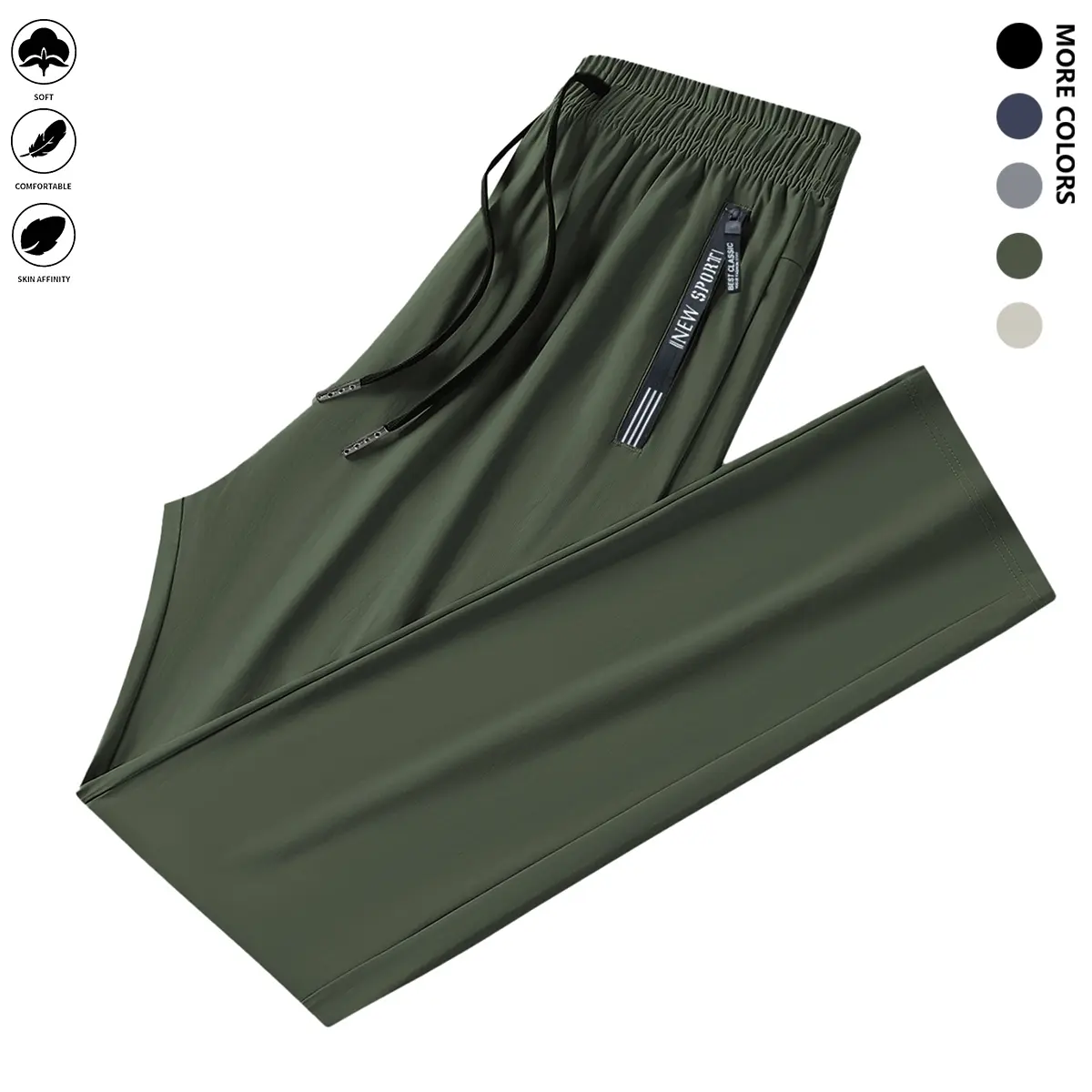 Ice Silk Sports Pants with Drawstring, Elastic Design, Zippered Pockets, Thin High-Stretch Quick-Dry Fitness Trousers, Skin-Friendly Smooth Short Fabric Suitable for Indoor Sports, Summer Outdoor Sports, Breathable Activewear Bottoms, Spring Statements Sk