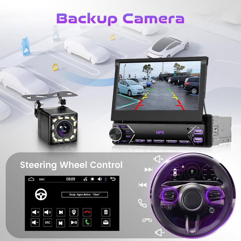 Single Din Flip Out Car Stereo Bluetooth 7 Inch Retractable Touch Screen Car Radio 1 Din Mirror Link/FM/EQ USB/Type-C/AUX SWC,  Car Audio Receiver MP5 Multimedia Player with Backup Camera