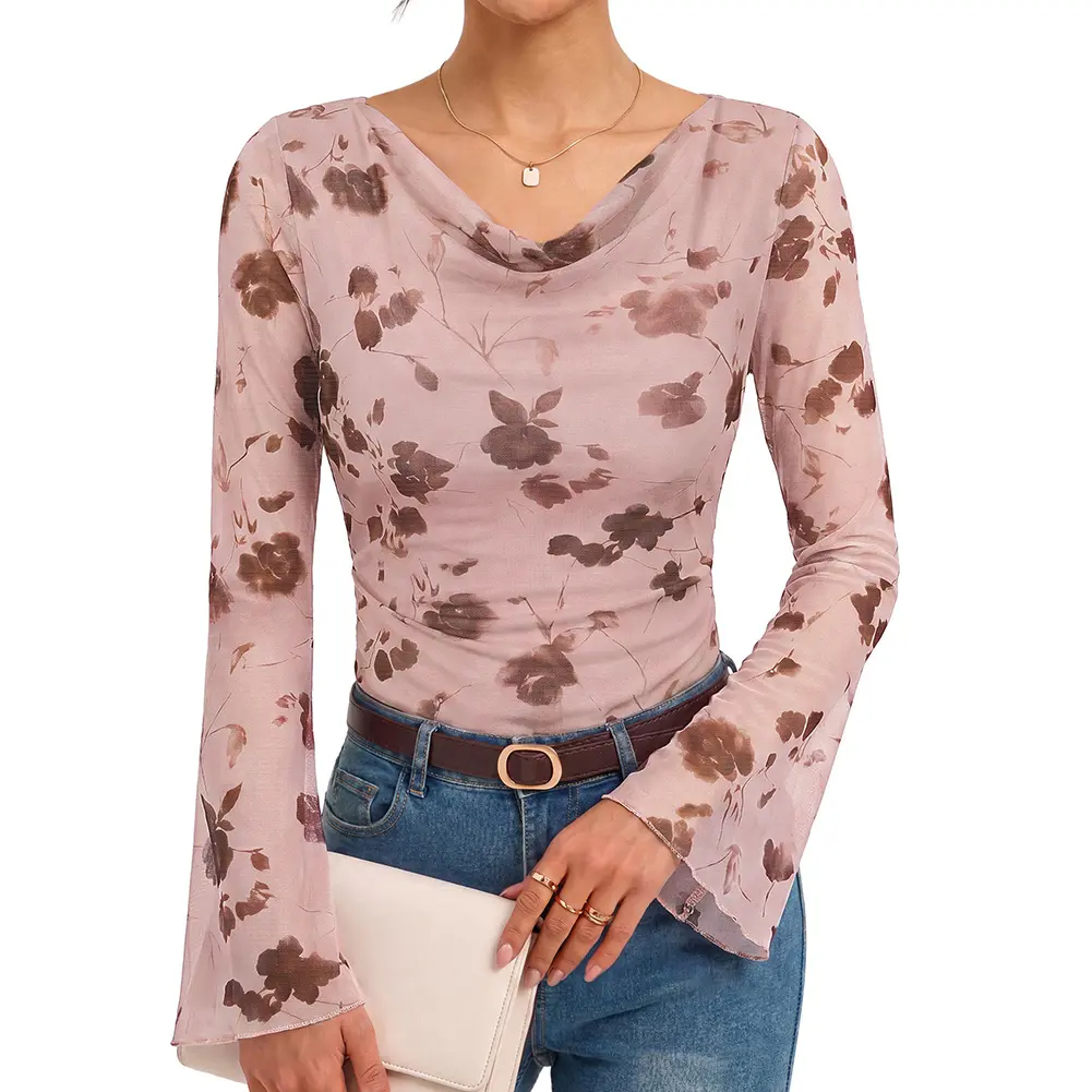 GRACE KARIN Women Boho Mesh Blouses Dressy Casual Cowl Neck Going Out Tops | Bell Long Sleeve Work Shirts, Y2K Floral Ruched Outfits, 2026 Fall Fashion Clothing