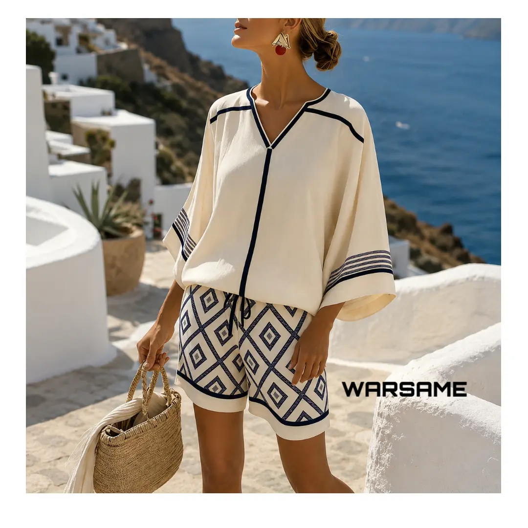 WARSAME Women's 2 Piece Short Set V Neck Oversized Top and Elastic High Waist Drawstring Shorts Matching Set Casual Boho Printed Resortwear Loungewear Outfit