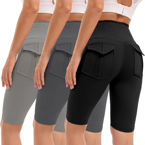 3 Pieces Women's High-waisted Gym Shorts with Pockets , Super Soft Tummy Control No See Through Workout Running Yoga Athletic Shorts Pants