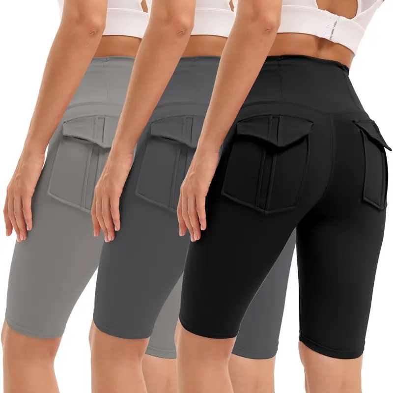 3 Pieces Women's High-waisted Gym Shorts with Pockets , Super Soft Tummy Control No See Through Workout Running Yoga Athletic Shorts Pants