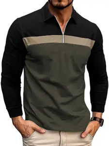 Men's Fashion Casual Colorblock Long Sleeve Zipper Henry Shirt, Autumn Winter Men's Collared Leisure Polo Shirt, Walmart & Ebay