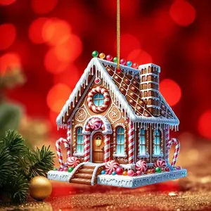 Gingerbread House Design Hanging Ornament, 2D Acrylic Festive Candy House Cane Candy Hanging Ornament for Home, Car Interior, Bags, Tree, Gift Decor