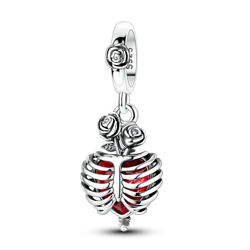 MULA S925 Sterling Silver Gothic Charm, Skull Rib Cage Pendant with Crimson Crystal Heart & 2 Roses, Divine Feminine Jewelry for Goth Fashion Lovers, Fits Pandora Bracelets, 1.07" x 0.43", Antique Oxidized, Bail Loop