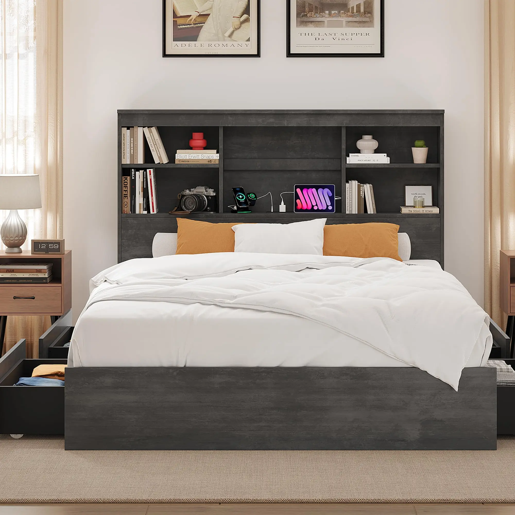 Garvee King Bed Frame with Storage Headboard, Wooden Bed Frame with Charging Station, Storage Bookcase & King Size Platform Bed with 4 Drawers, No Box Spring Needed, Noise-Free,Ink