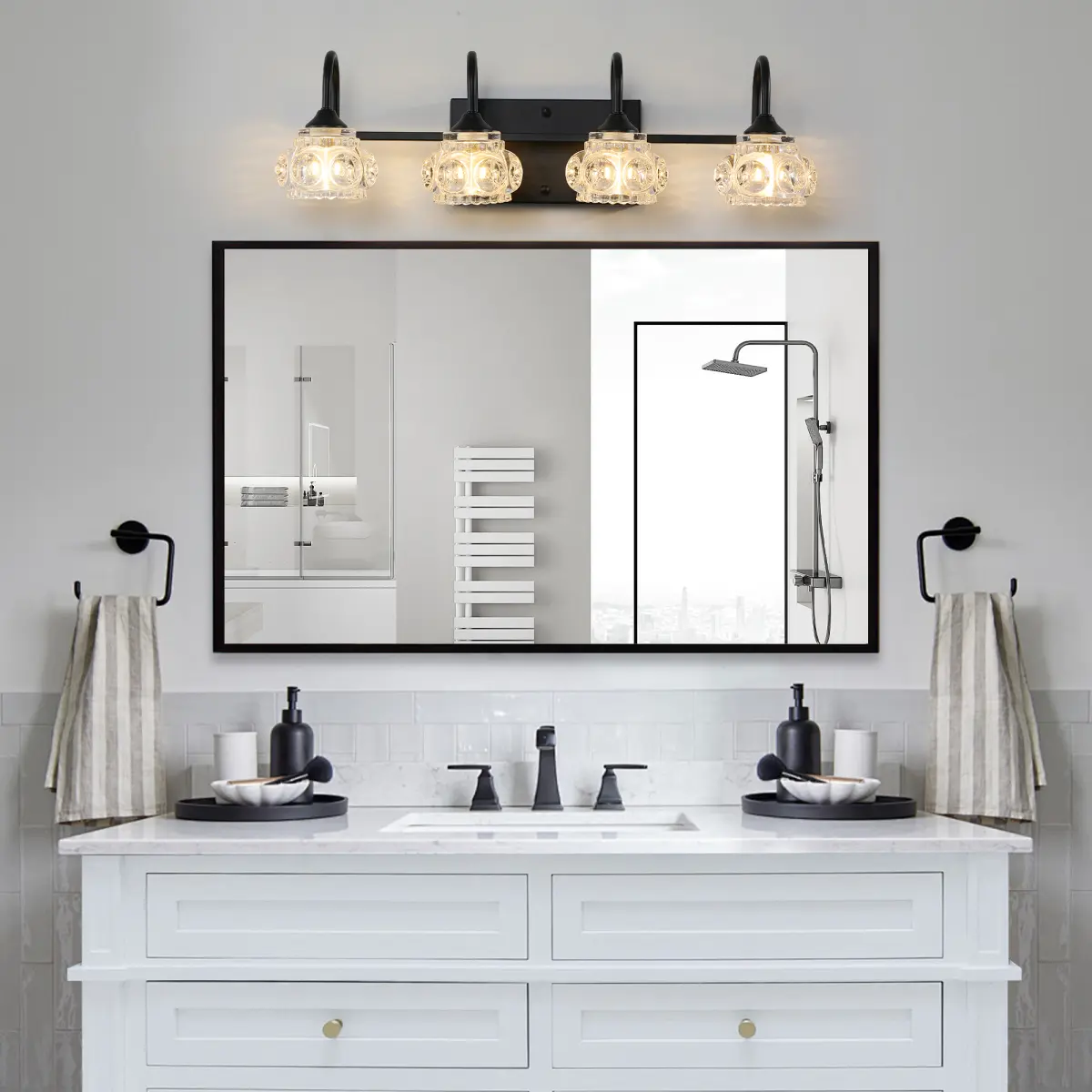 23" Retro 4-Light Bathroom Vanity Light Fixture - Black Finish with Crystal Glass Shades, Wall Mounted Lighting for Bathroom, Powder Room, and Vanity Mior (No Bulbs)