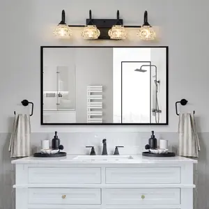 23" Retro 4-Light Bathroom Vanity Light Fixture - Black Finish with Crystal Glass Shades, Wall Mounted Lighting for Bathroom, Powder Room, and Vanity Mior (No Bulbs)