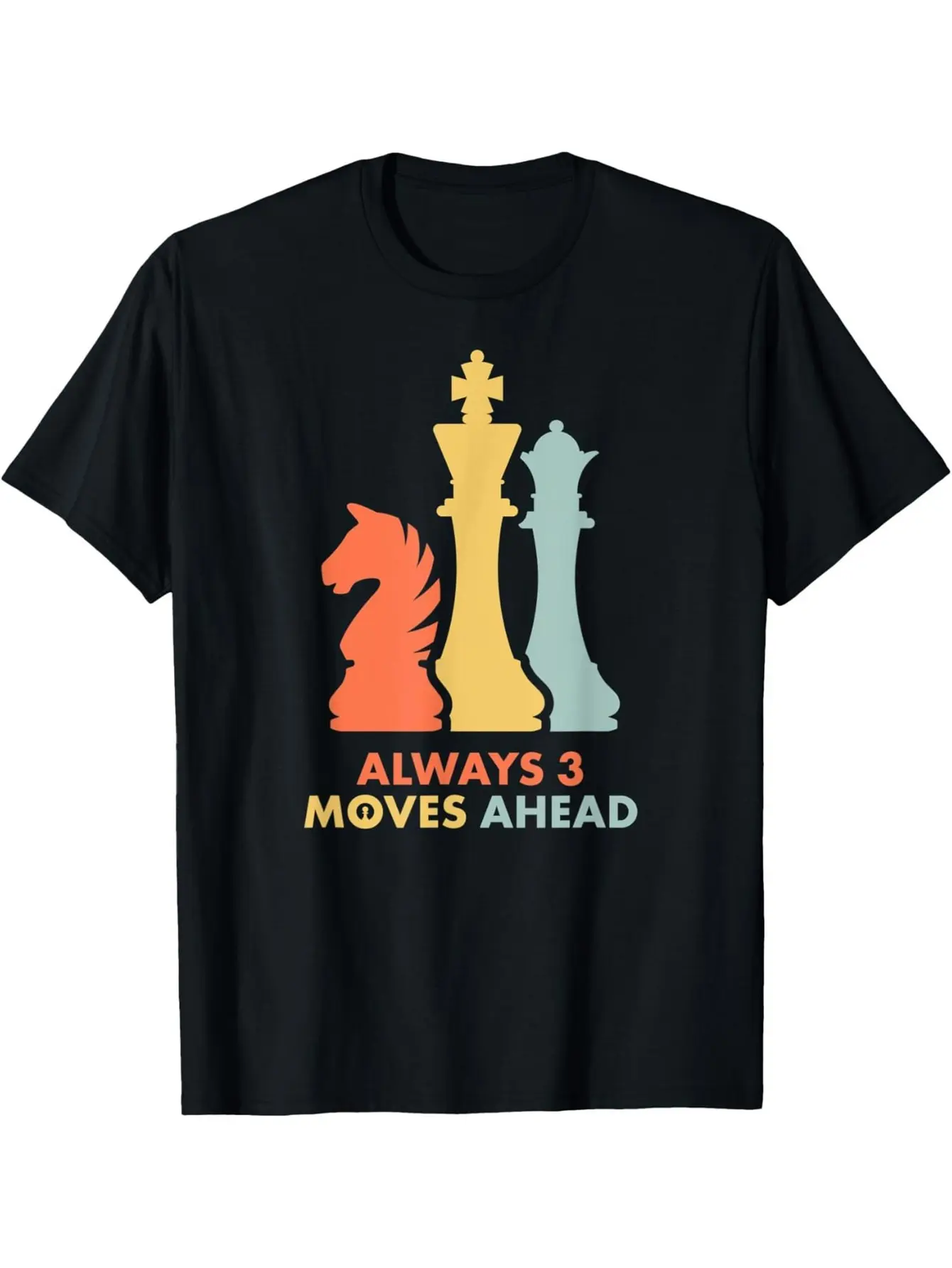 1pc Men's Chess Graphic T-Shirt - Always 3 Moves Ahead Strategy Design with King & Queen Pieces - Soft Breathable Cotton Tee for Chess Lovers, Casual Casual Attire & Gaming Events - Black with Multicolor Chess Print - Round Neck Short Sleeve Regular Fit A