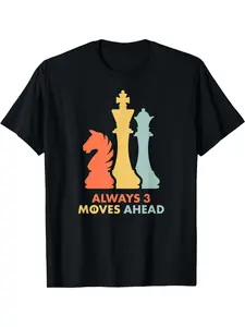 1pc Men's Chess Graphic T-Shirt - Always 3 Moves Ahead Strategy Design with King & Queen Pieces - Soft Breathable Cotton Tee for Chess Lovers, Casual Casual Attire & Gaming Events - Black with Multicolor Chess Print - Round Neck Short Sleeve Regular Fit A