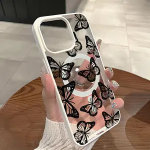 Aesthetic Black Butterfly MagSafe Phone Case for iPhone 17 15 16 14 Pro Max 13 12 11XR XS Air Plus E Nature's Delight Pattern Non-YellowingShockproof Soft Silicone Transparent Acrylic CoverProtection Cellphone Casing Supports Wireless Charging, Accessorie