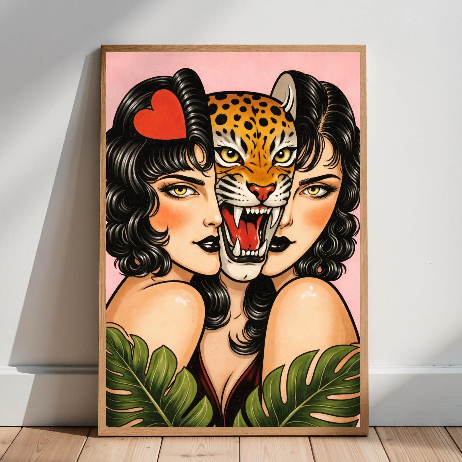 [SALE UP TO 50% + FREE SHIP]  Tiger Woman Poster, Retro Tattoo Style Wall Art, Edgy Pin Up Print