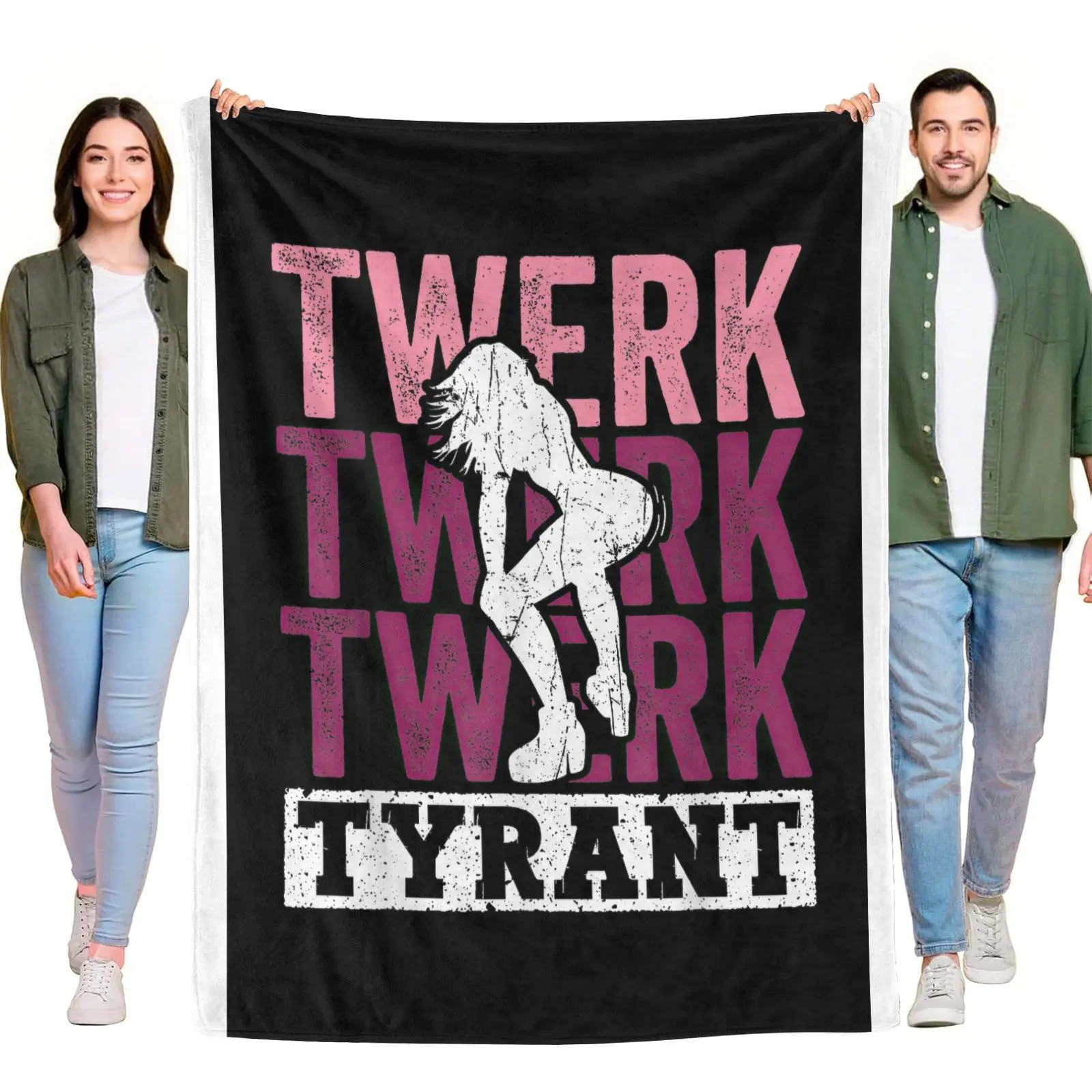 Distressed Twerk Tyrant Pink Text Woman Dancing Silhouette Black Background Flannel Throw Blanket Funny Party Graphic Soft Warm Blanket Decor