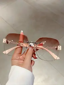 New Women's Frameless Fashion Glasses with Gradient Lenses, Stylish Chain Decorative Eyeglass Frames, Trendy Optical Accessories