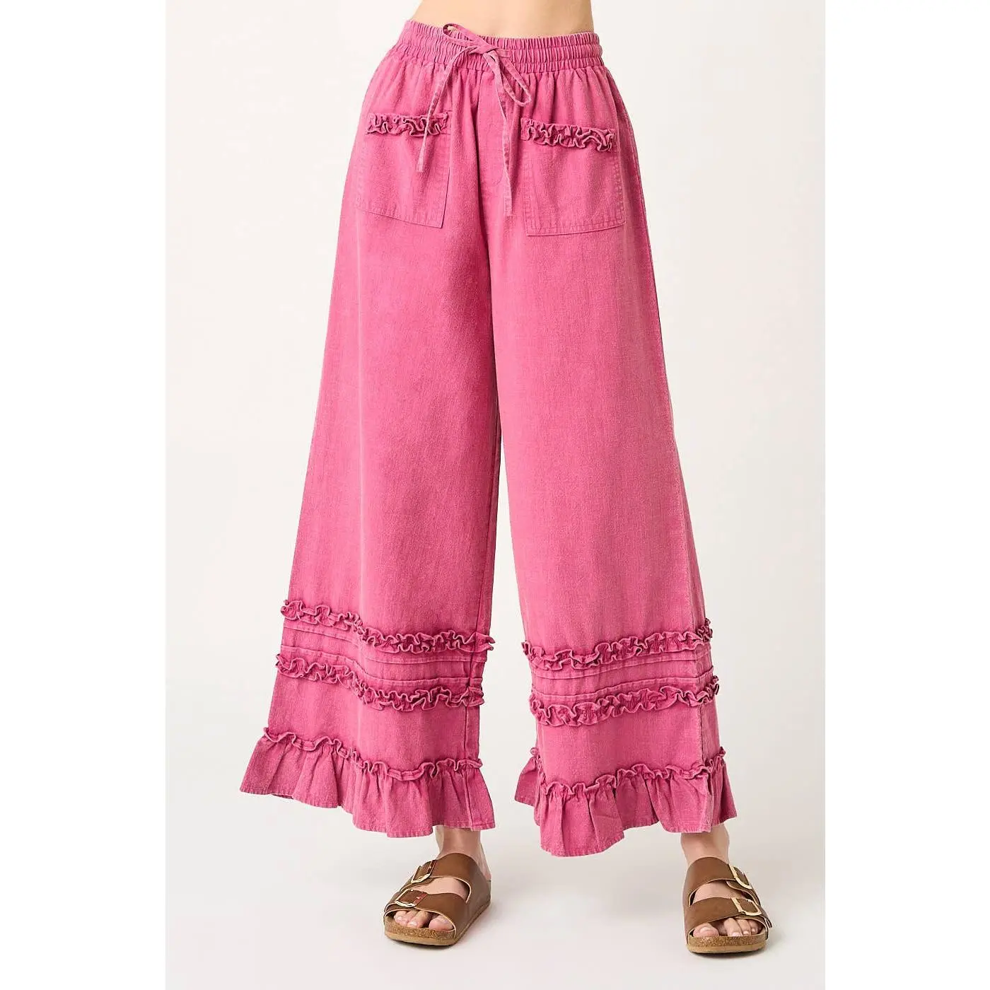 mittoshop - RUFFLE TRIM POCKET MINERAL WASH WIDE LEG PANTS
