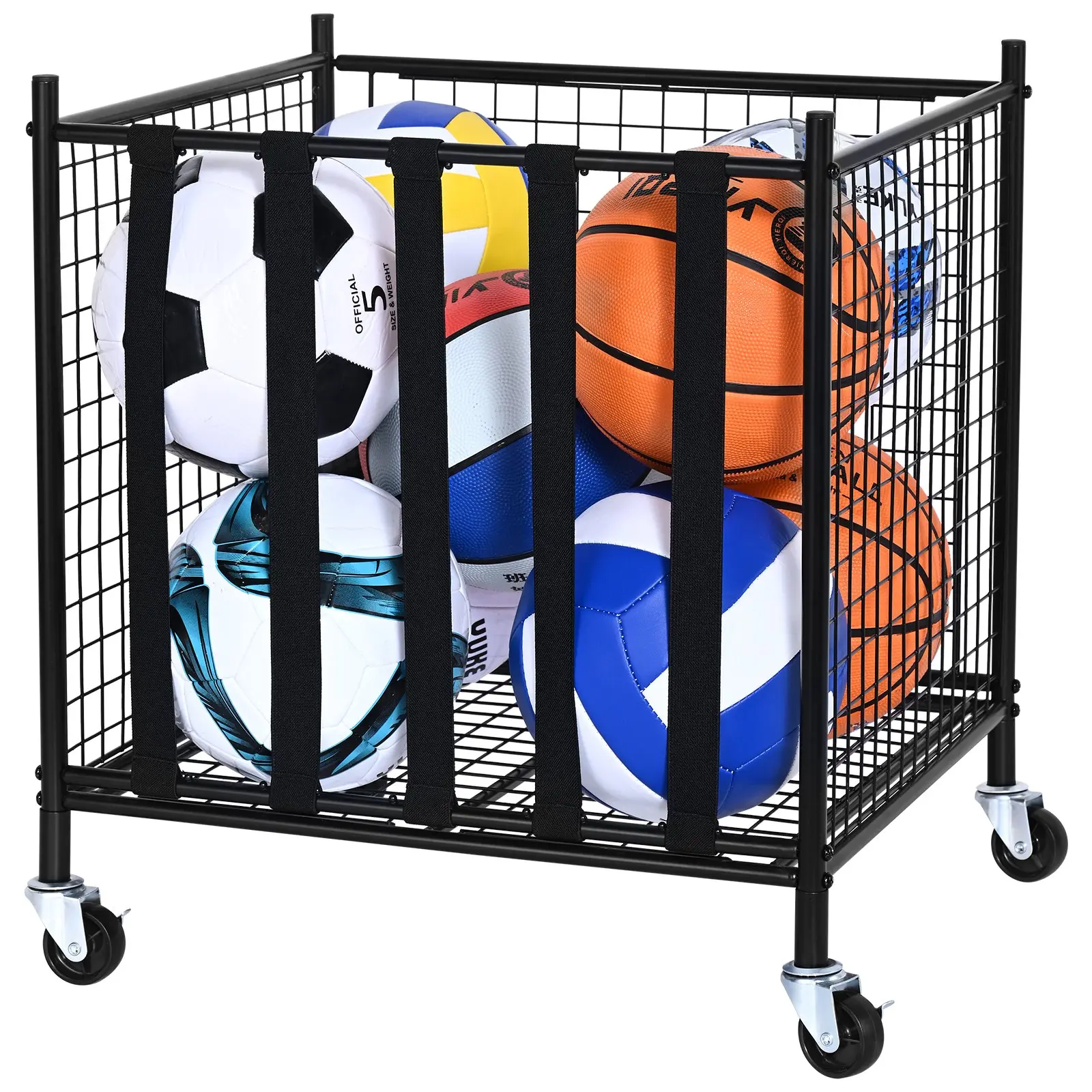 VEVOR Rectangle Steel Rolling Sports Ball Storage Rack, Lockable Basketball Cage with Elastic Bands, Corrosion-Resistant Organizer with Swivel Wheels & Brakes for Indoor/Outdoor Garage, Gym, Racks