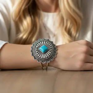 Carved Concho Silver Tone Cuff Bracelet Fashionable Jewelry Turquoise Stone Standout Accessory Hinged Clasp
