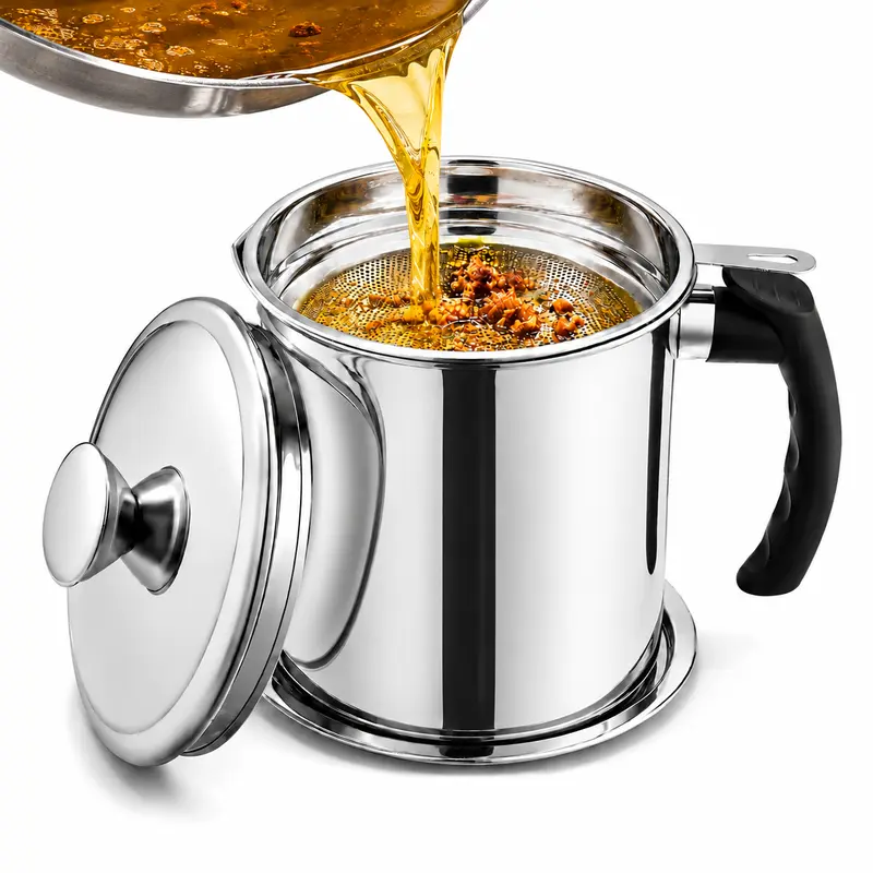 AISOON Reusable 48oz (500-1000ml) 304 Stainless Steel Oil Dispenser, 6.3" L × 4.72" W × 5.51" H, with Built-in Fine Mesh Strainer, Lid, Drip Tray & Easy-Pour Spout for Frying Oil Storage