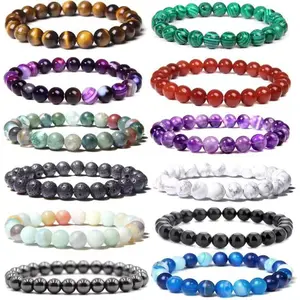 12 Count 8mm Beaded Bracelets for Men Women Stone Bead Healing Stretch Round Bead Bracelets Unisex, Daily