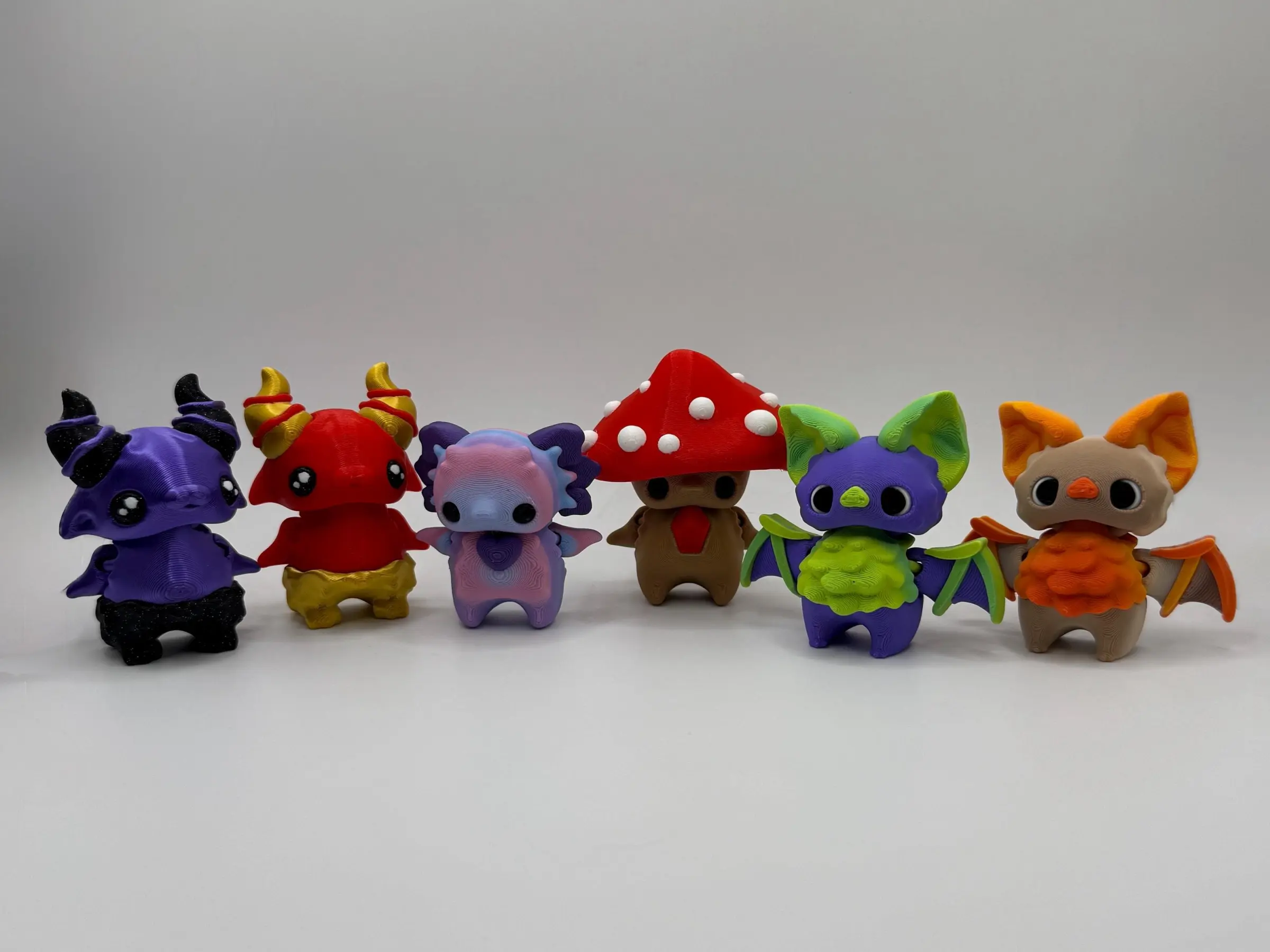 3D Printed Fantasy Pixies – Mushroom, Axolotl, Bat & Beastly | Whimsical Articulated Creatures | Layers in Green Design