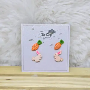 Cute Polymerclay Studs Earrings - Pack of Two, White Bunny & Carrot Designs, Easter Earrings
