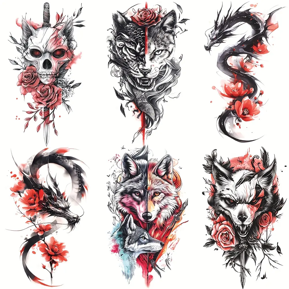 6 Sheets of Colorful Skull, Wolf, Fox, Dragon, Rose Arm Temporary Tattoos, Suitable for Men And Women Adults, Body Art Large Half Arm Sleeve Temporary Tattoo Stickers, Waterproof Realistic Temporary Tattoos, Tattoo Temporary, Tattoo for Women, Tatoo