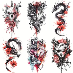 6 Sheets of Colorful Skull, Wolf, Fox, Dragon, Rose Arm Temporary Tattoos, Suitable for Men And Women Adults, Body Art Large Half Arm Sleeve Temporary Tattoo Stickers, Waterproof Realistic Temporary Tattoos, Tattoo Temporary, Tattoo for Women, Tatoo