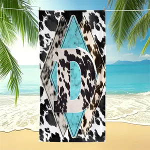 26 Letter Beach Towel, Trendy Western Style, Digital Print with Black & White Cowhide Design,Perfect for Pool, Beach, Yoga & Summer Adventures, Unique Gift Idea! Also be Used Pool Towel，Camping Towel or Bath Towel Blanket