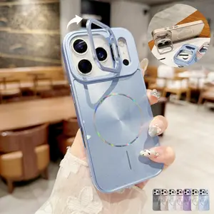 HISTORYOO Case for iPhone 17 Pro Max 16 15 14 13 12 11 Pro 17 Air Magnetic For MagSafe Wireless Charging Camera Lens Bracket Holder Noble Icicle Bling Glitter Sparkle CD Aurora Crystal Lights Shockproof Protector Laser Non-Slip  Hard Back Cover Soft Frame