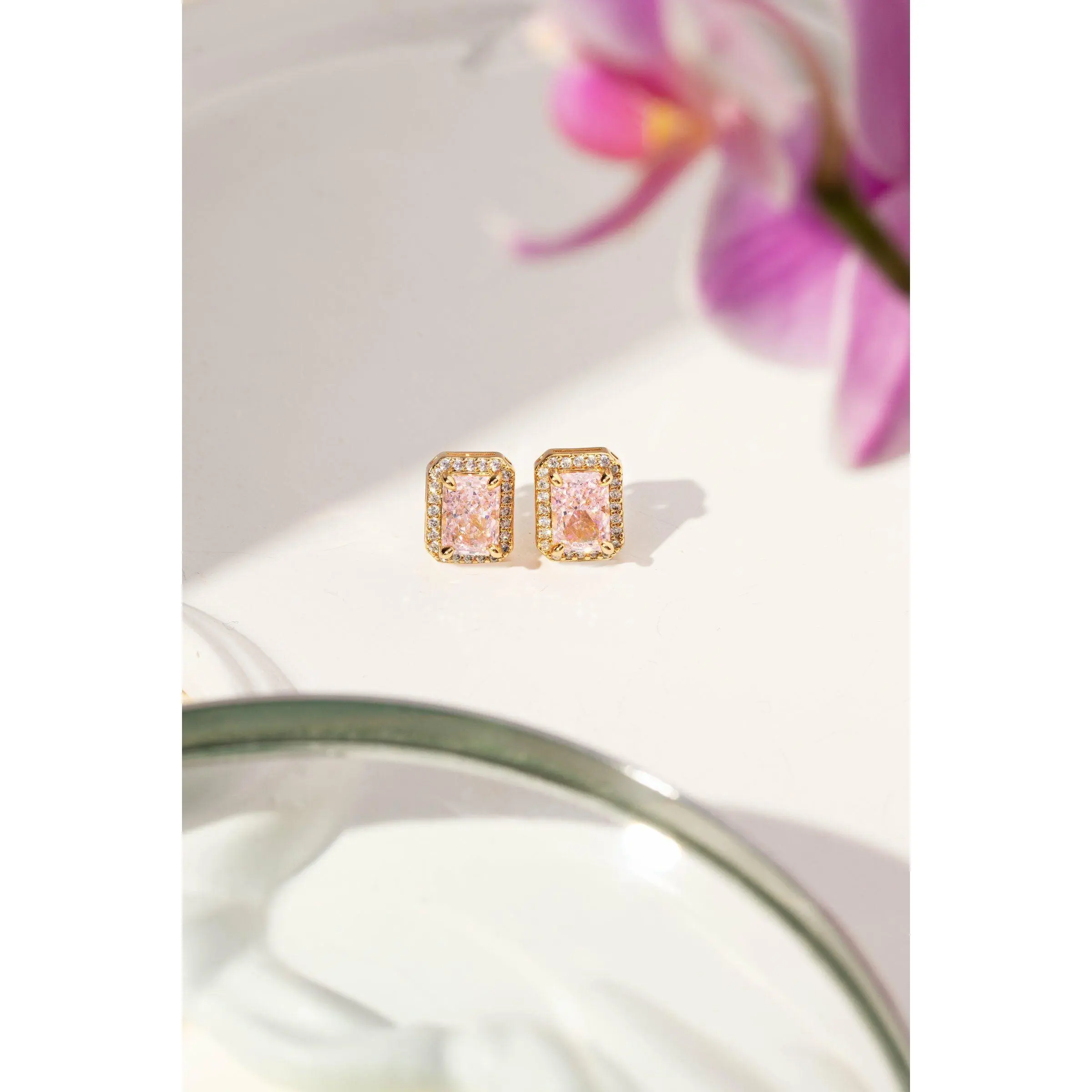 Morganite Earrings - Crushed Ice or Heart Shaped, 18k gold plated, premium cubic zirconias. Daily Wear, Fade-Resistant, Hypoallergenic.