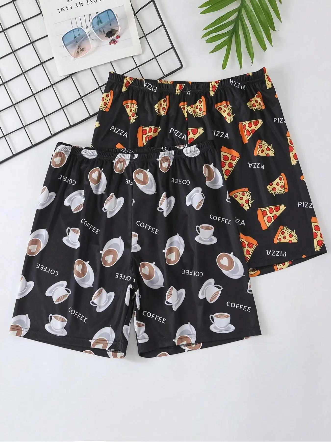Men's Coffee & Pizza Print Pajama Shorts, Pyjamas, Casual Comfy Breathable Sleep Shorts, Men's Sleepwear for Summer, Sleepwear Pajamas, Comfy Loungewear