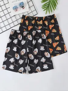 Men's Coffee & Pizza Print Pajama Shorts, Pyjamas, Casual Comfy Breathable Sleep Shorts, Men's Sleepwear for Summer, Sleepwear Pajamas, Comfy Loungewear