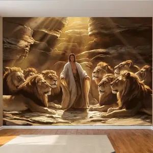 Lion Den Tapestry Biblical Story Backdrop Daniel Theme Wall Hanging Photography Background Religious Decor for Living Room Bedroom Indoor Outdoor Event Decoration