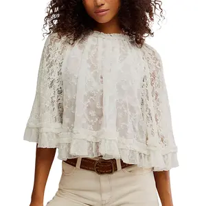 Elegant Hixiaohe Women's Lace Blouse - Flowing Loose Cuffs, Ruffled High Neckline, Back Button Closure, Sheer Design, Casual Style