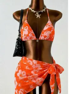 Women's Printed Halter Wrap Dress Set, Three-Piece Beachwear, Fashionable Comfort Design, Perfect for Casual Wear