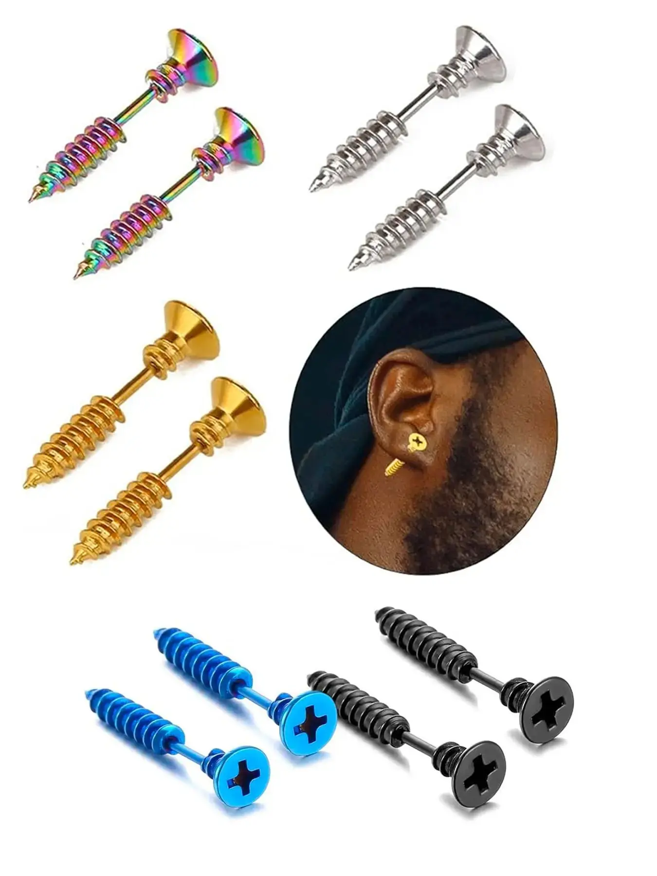 Unisex Punk Style Stainless Steel Screw Earrings Set, Multiple Colors Ear Studs, Hoops, Bars, Threaded Tunnel Piercings Jewelry