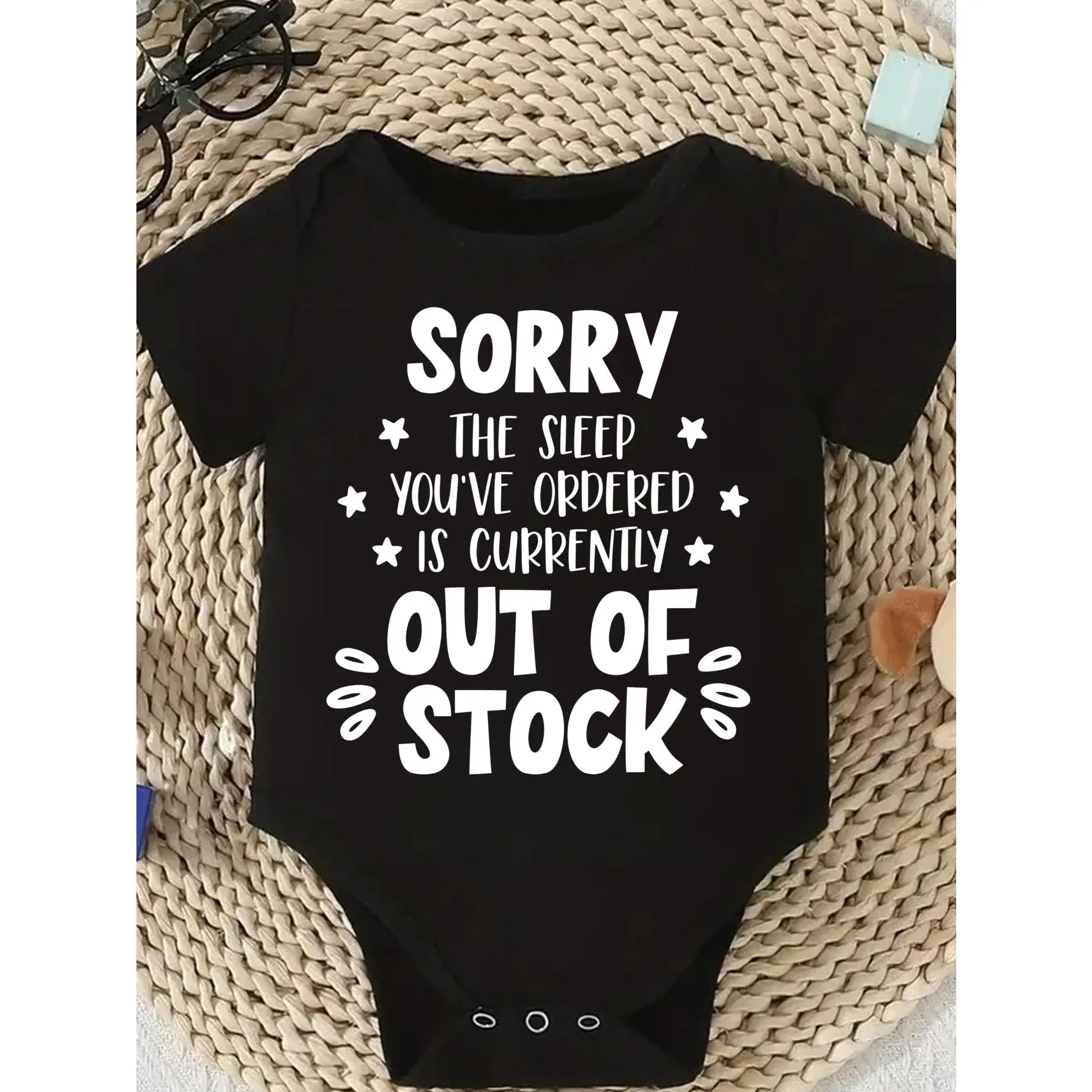 Baby Bodysuit for 0-12 Months, 96% Cotton Knitted Fabric, Regular Fit, Tag-Free, Round Neck, Snap Buttons, "Sorry The Sleep You’ve Ordered Is Currently Out Of Stock" Printed Text, Soft Versatile All-Seasons Bodysuit