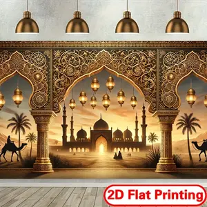1PC,2D Flat Arabic Retro Palace Backdrop, Islamic Castle Camel Desert Scene Tapestry, Photography Decorative Curtain, Living Room Bedroom Cultural Theme Decorative Cloth