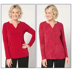Susan Graver Set of 2 Print & Solid Liquid Knit Split-Neck Top
