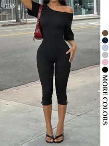 Women's Asymmetrical Back Jumpsuit, High Stretch Slim Fit Split Leg, Streetwear Fashion Jumpsuit, Spring & Fall Sleeveless Solid Pattern