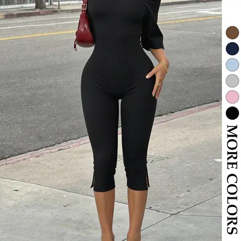 Women's Asymmetrical Back Short Sleeve Solid Color Jumpsuit, High Stretch Slim Fit Split Leg, Streetwear Casual Fashion Jumpsuit for Spring & Fall, Pant Rompers, Womenswear