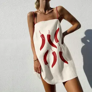 Stylish Chili Pepper Print Strap Mini Dress, Modern Minimalist Style, Halter Dress, Simple and Fashionable, Street Style, Comfortable Summer Women's Clothing