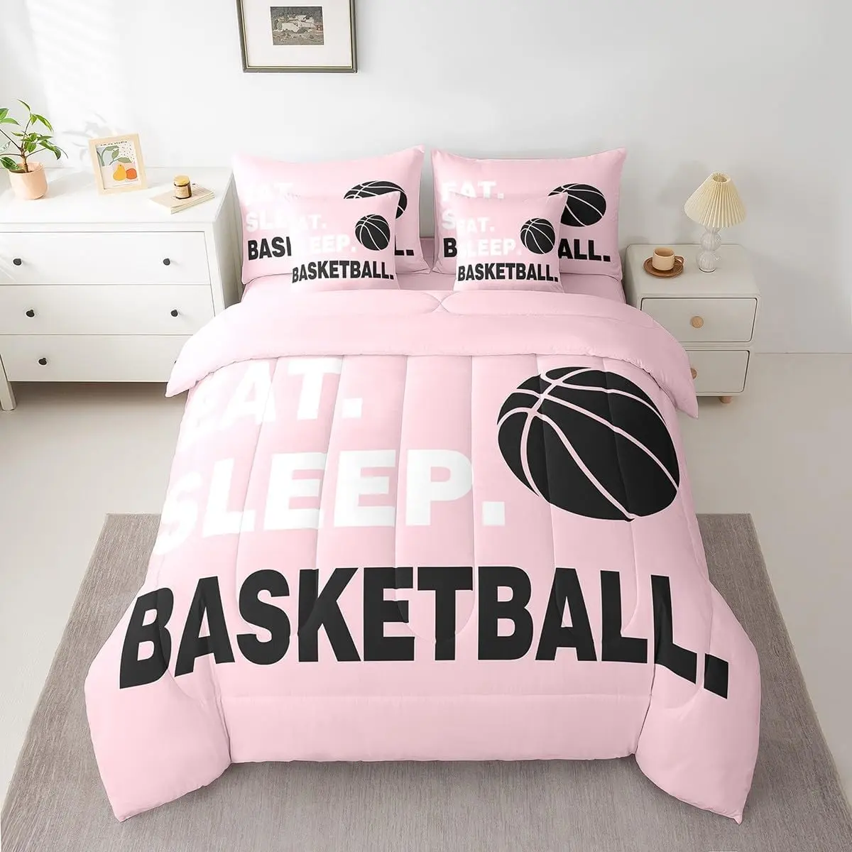 Feelyou Pink Basketball 7-Piece Microfiber Bedding Quilt Set - Bed Set in a Bag with Fitted Sheet, Soft Blanket, Ball Graphics, Breathable High-Tenacity Cloth, Gaming Sports Theme for Teens, Basketball Lovers Gift